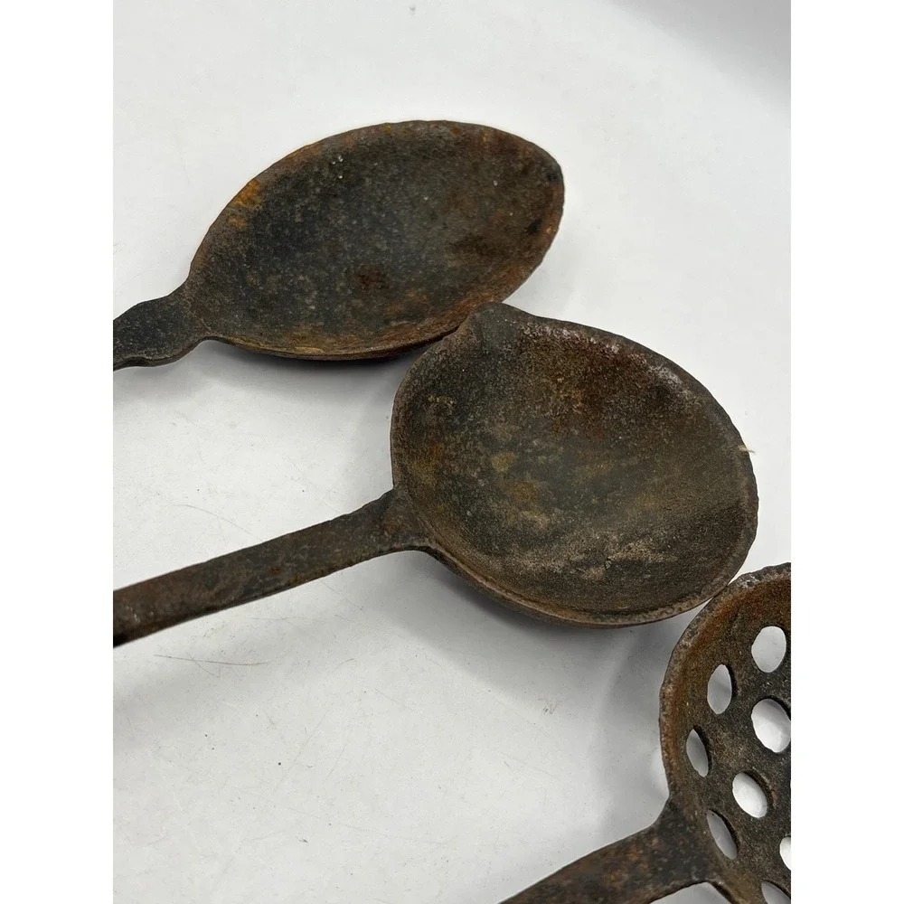 Vintage 4 Piece Cast Iron Kitchen Utensils Hanging Rustic Primitive Patina Farm